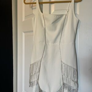 White Rhinestone Fringe Dress